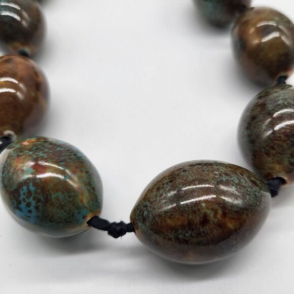 VTG Ceramic Heavy Bead Necklace Brown Turquoise Boho Statement - Picture 3 of 8